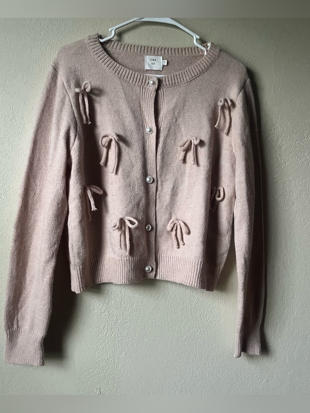 Luna Ivy Bow-Accent Cardigan Sweater With Pearl Buttons